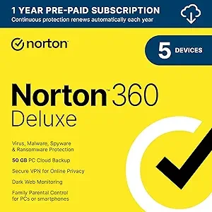 Norton 360 Deluxe 2025, Antivirus software for 5 Devices with Auto Renewal